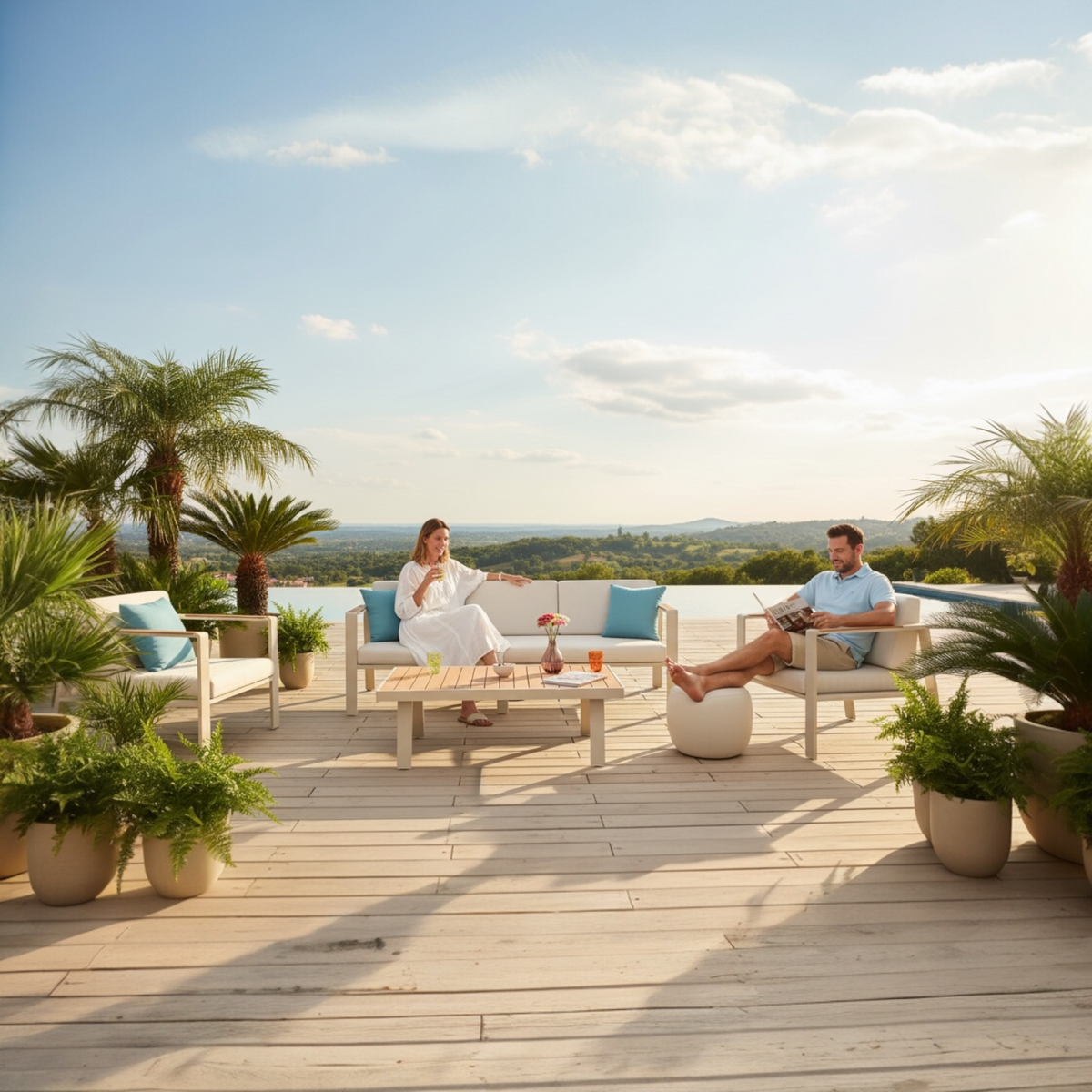 Noffy Plus 5-seat aluminum patio set with beige olefin cushions – shown outdoors (2)