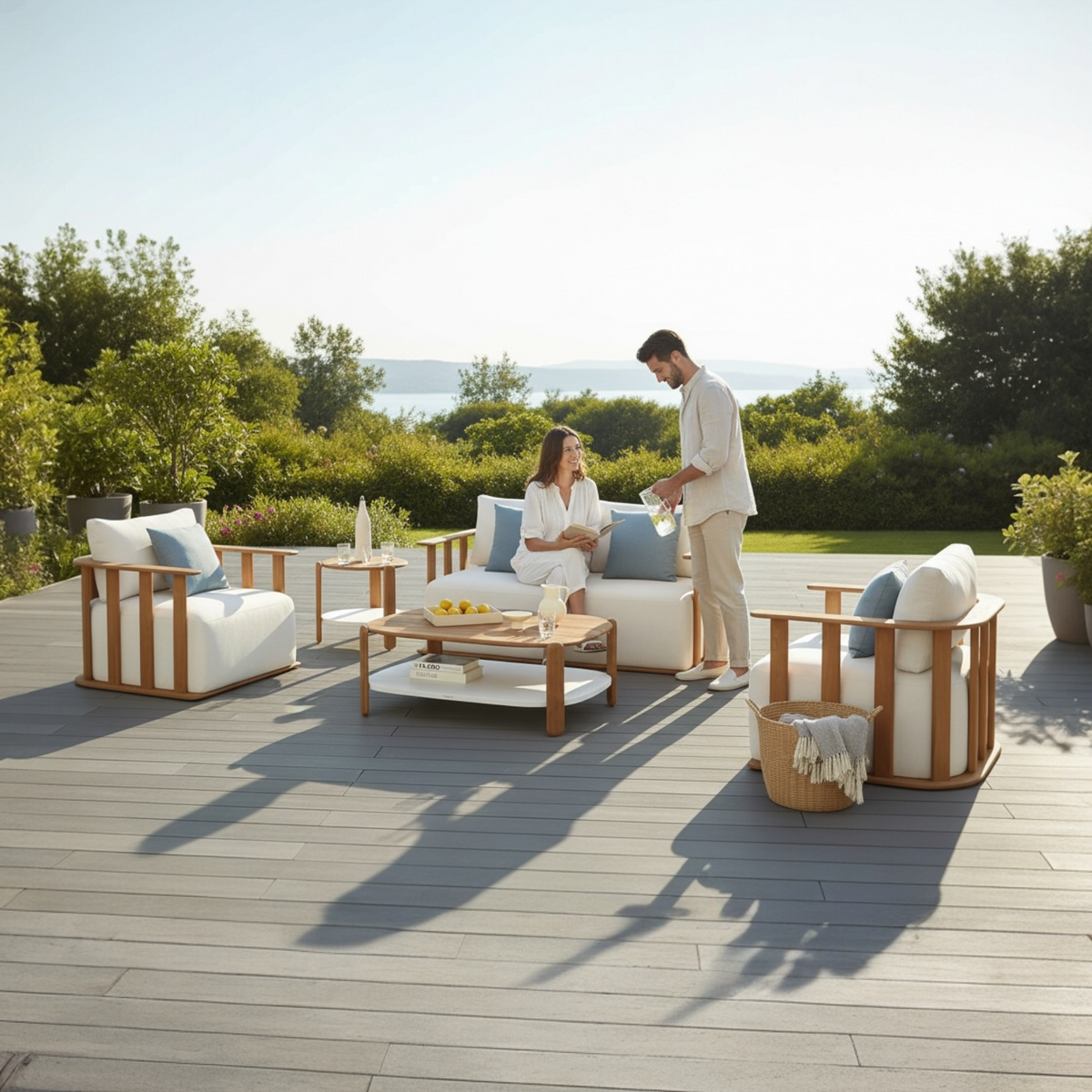 Roma 4-seat solid teak patio set with slatted palisade backs – shown outdoors