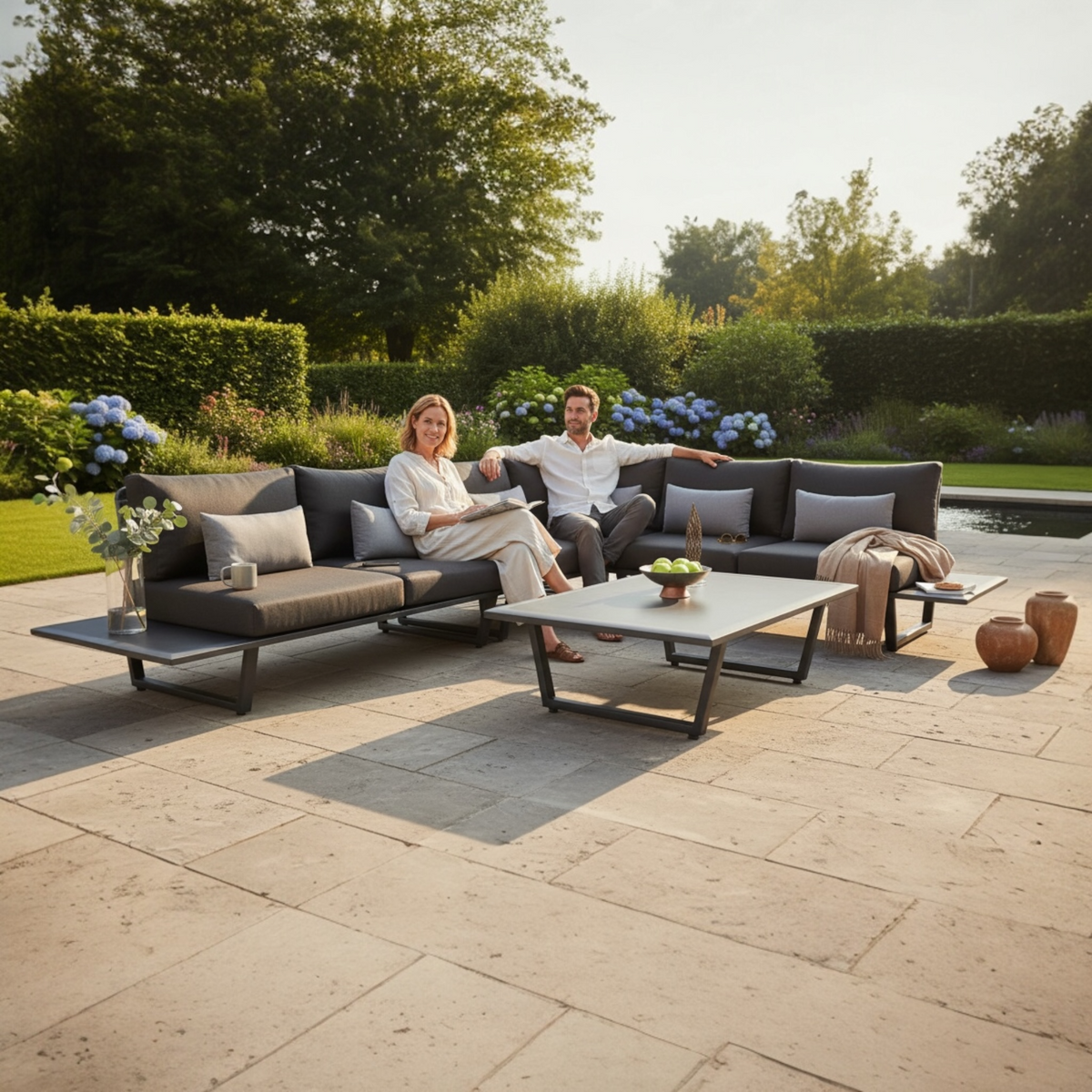 Sophia gray aluminum and rope corner sofa set with marble-effect details – shown outdoors
