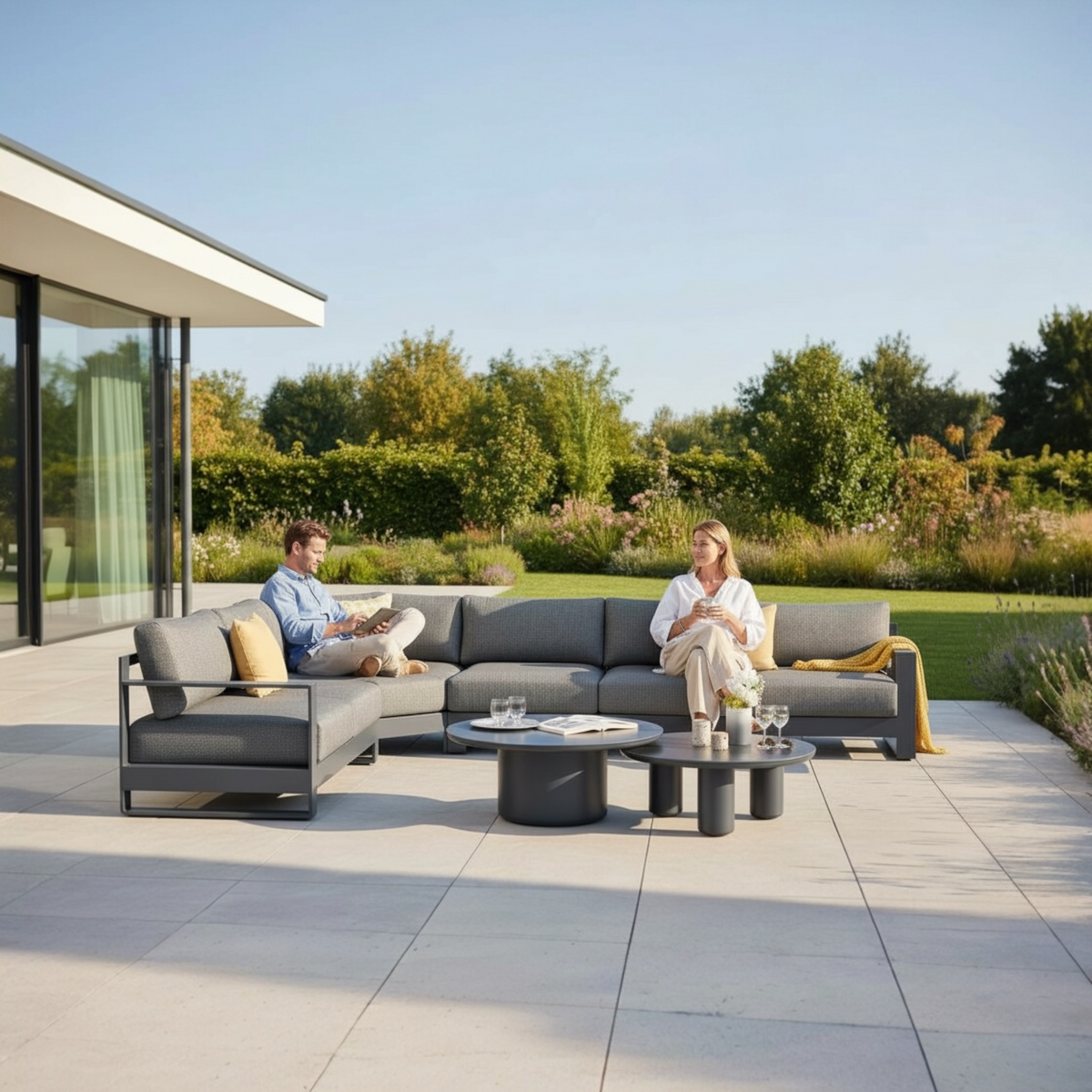 Iris Cosy black aluminum outdoor sectional with two ceramic coffee tables – shown outdoors