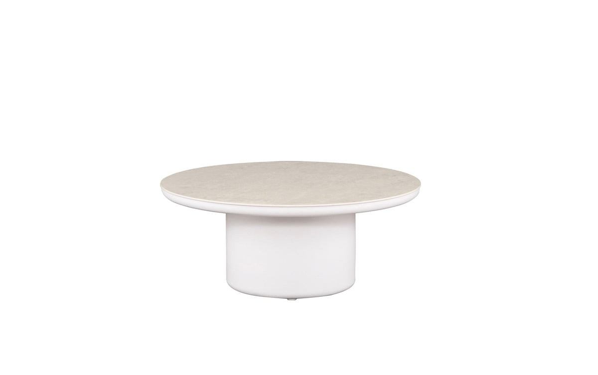 Coffee table from the Iris Cosy white aluminum outdoor sectional with extra-wide corner seat – another view