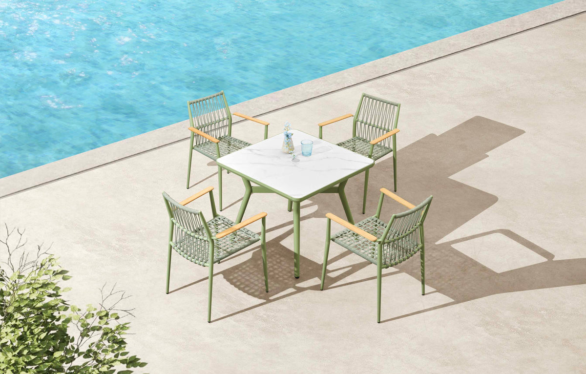 Sarran green square ceramic-top terrace table, 90 cm – shown outdoors (5)