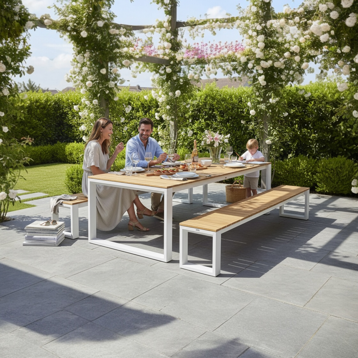Como white aluminum and teak outdoor dining table, 200 cm – shown outdoors (2)