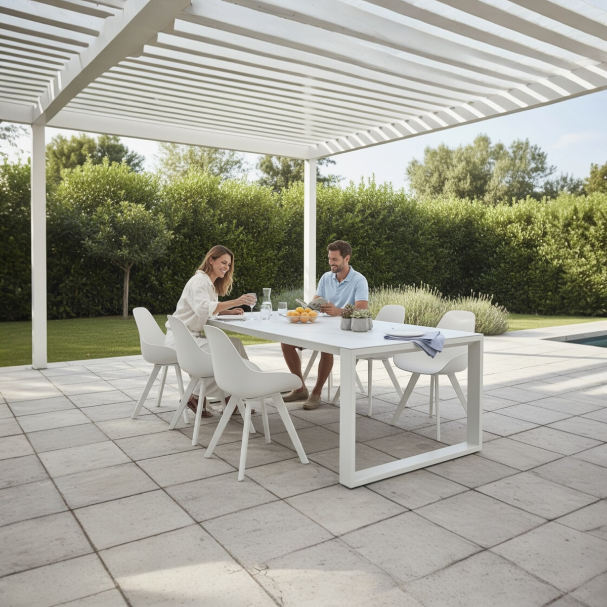 Como white aluminum glass-top outdoor dining table, 240 cm – shown outdoors (3)