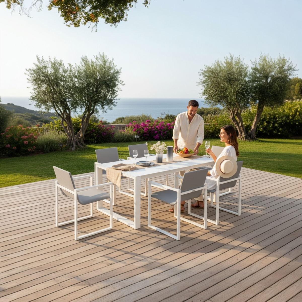 Como white aluminum ceramic-top outdoor dining table – shown outdoors (3)