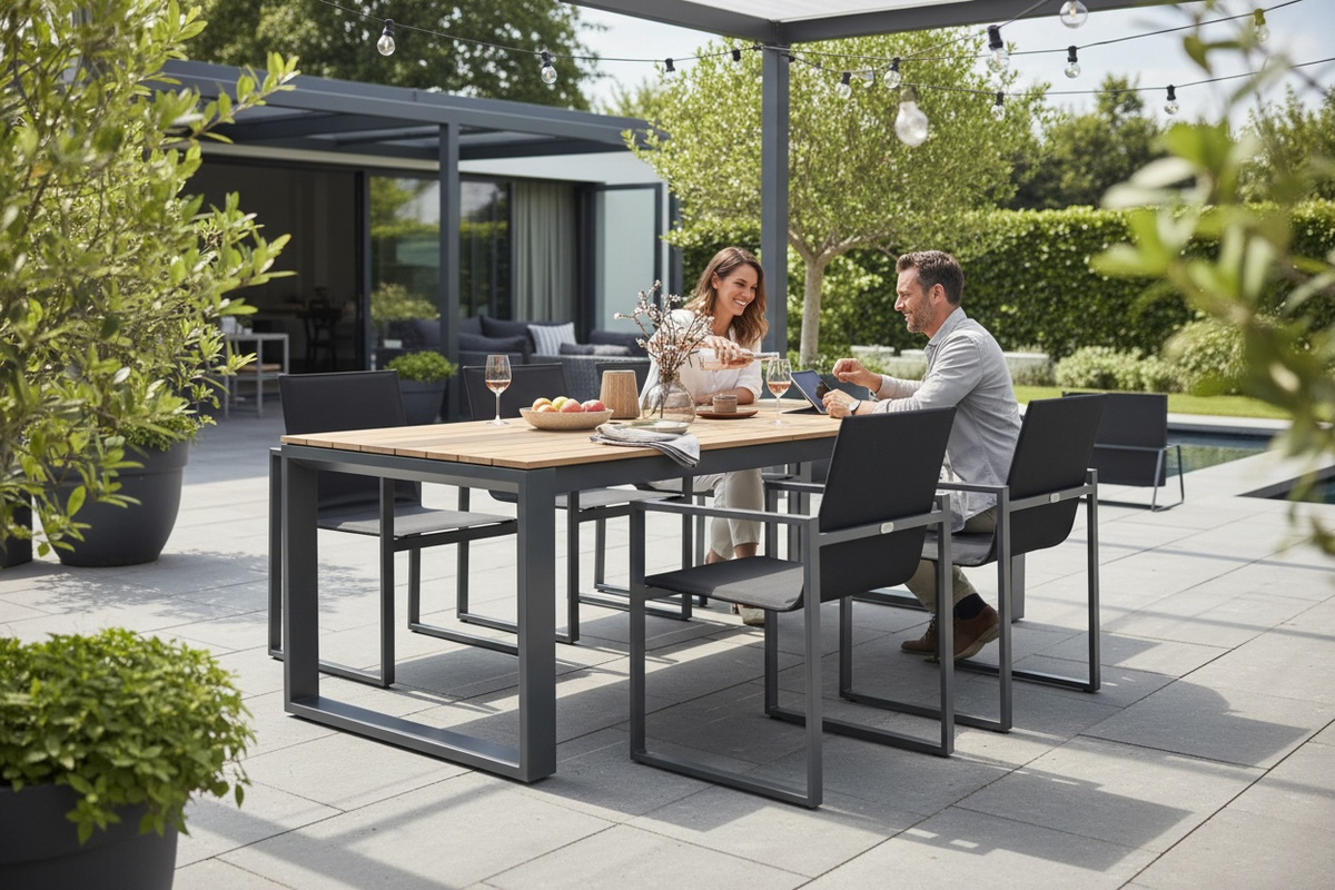 Como black aluminum and teak outdoor dining table, 240 cm – shown outdoors (3)
