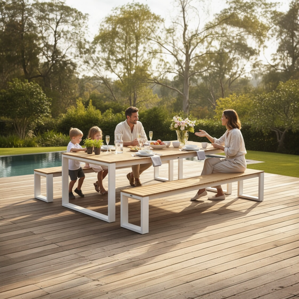 Como white aluminum and teak outdoor dining table, 200 cm – shown outdoors