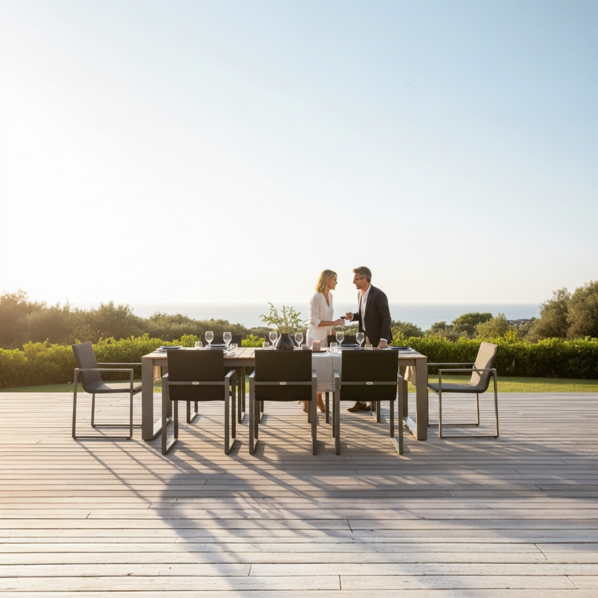 Como black aluminum and teak outdoor dining table, 240 cm – shown outdoors (2)