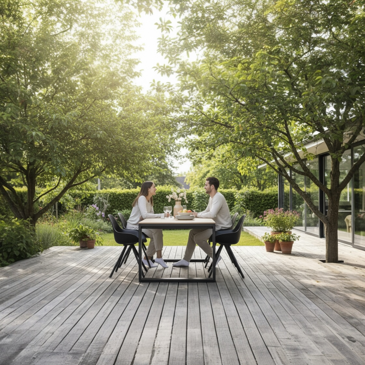 Como black aluminum and teak outdoor dining table, 200 cm – shown outdoors (2)