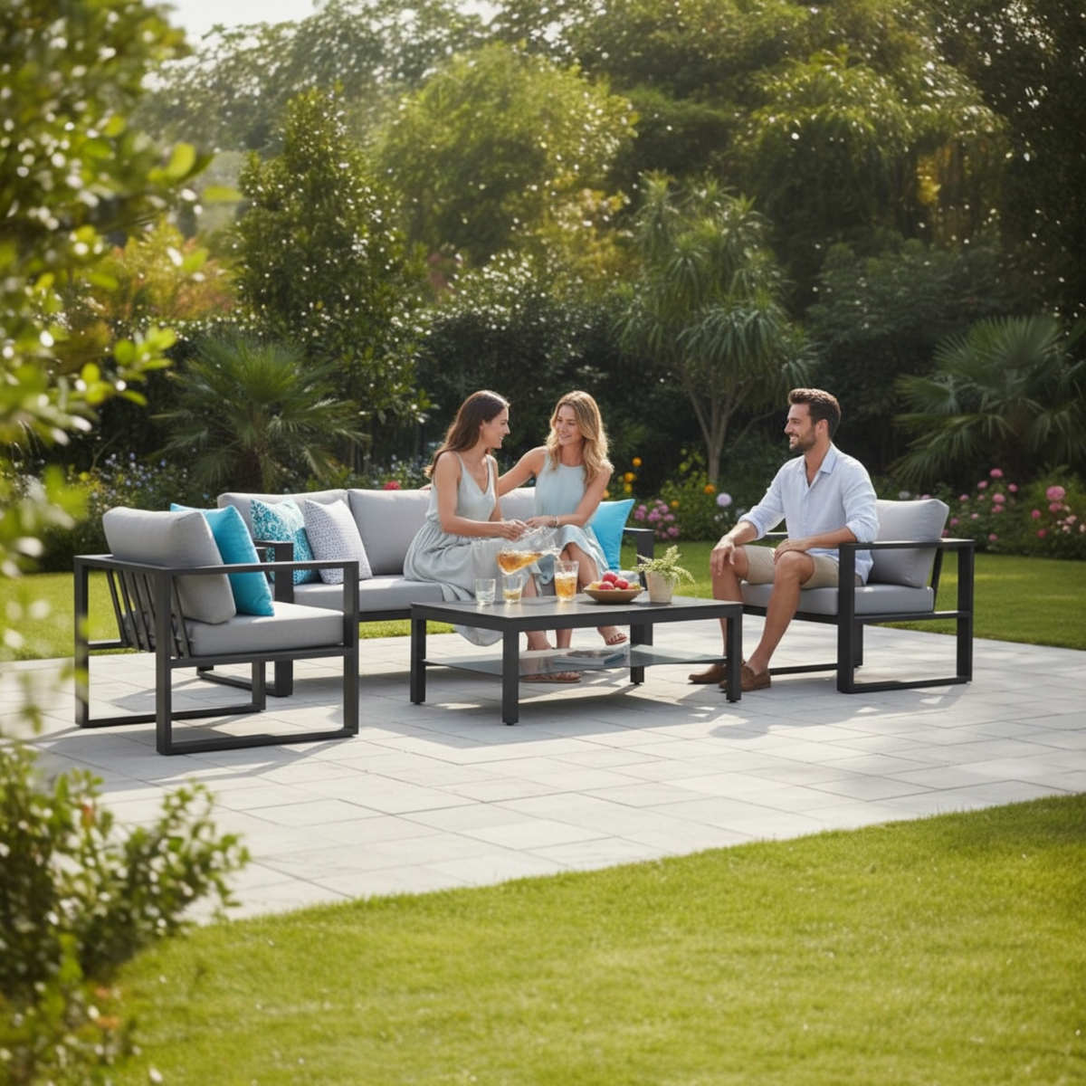Belly black aluminum 3-seat outdoor sofa module – shown outdoors