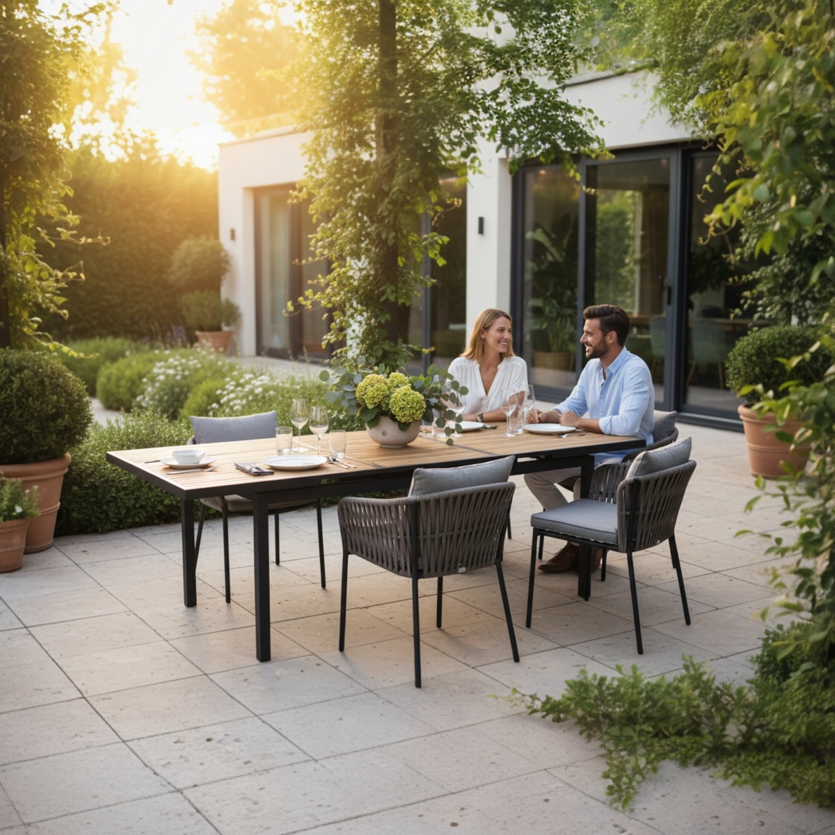 Tory extendable black aluminum and teak outdoor dining table – shown outdoors (2)
