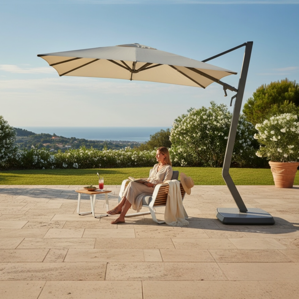 Aily beige aluminum 3 x 3 m cantilever umbrella – shown outdoors