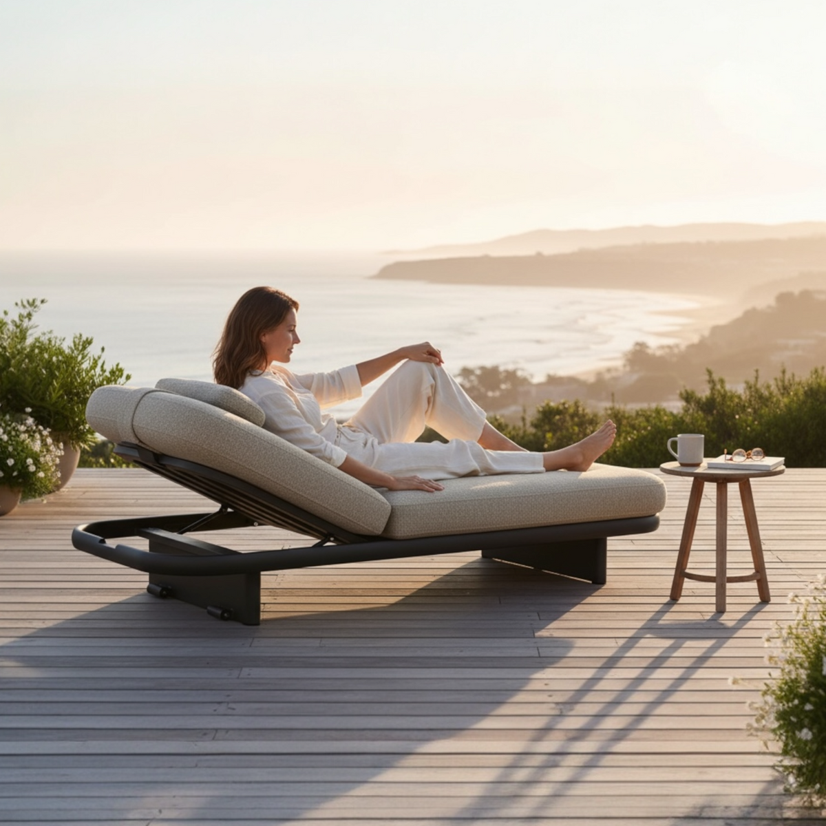Rosa charcoal gray padded aluminum chaise lounge – shown outdoors (2)