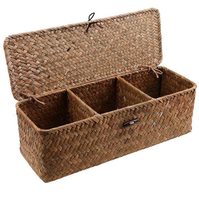 Three-compartment rattan and wicker storage box with a lid – yellow variant, another view