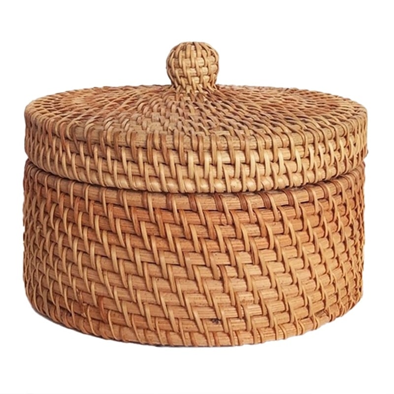 Handwoven golden rattan cookie box with a fitted lid