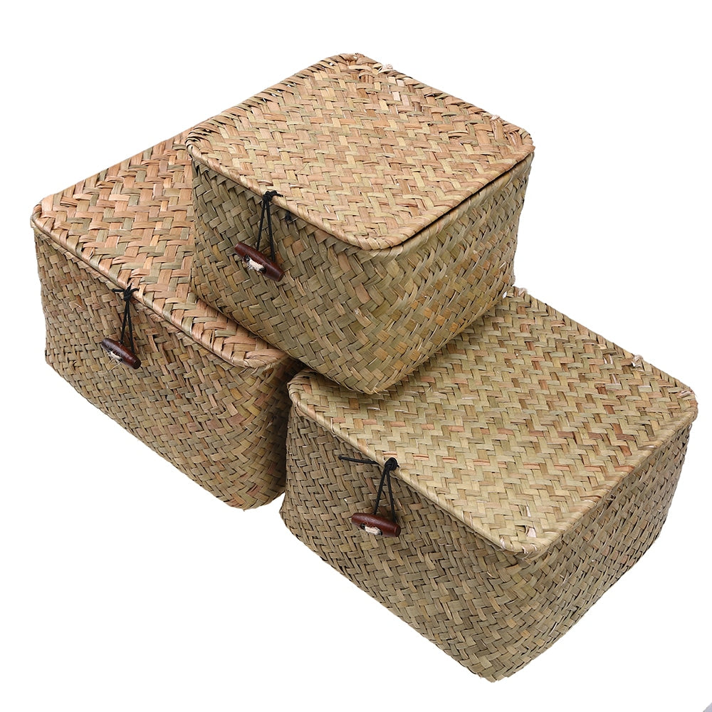 Woven storage box with a fitted lid – multiple views