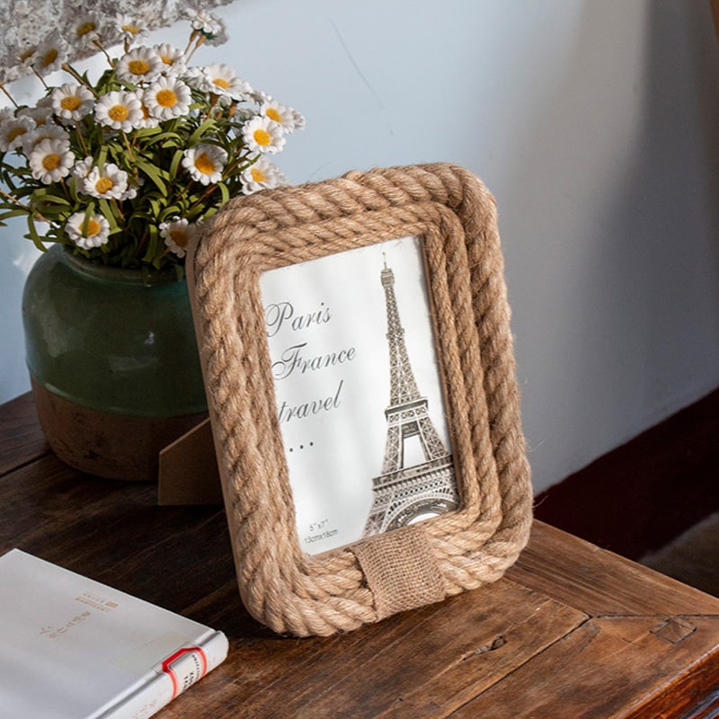 Rectangular hemp and rattan picture frame – shown in a room setting