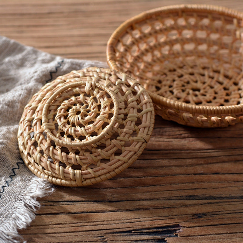 Round handwoven rattan bread and serving basket – multiple views