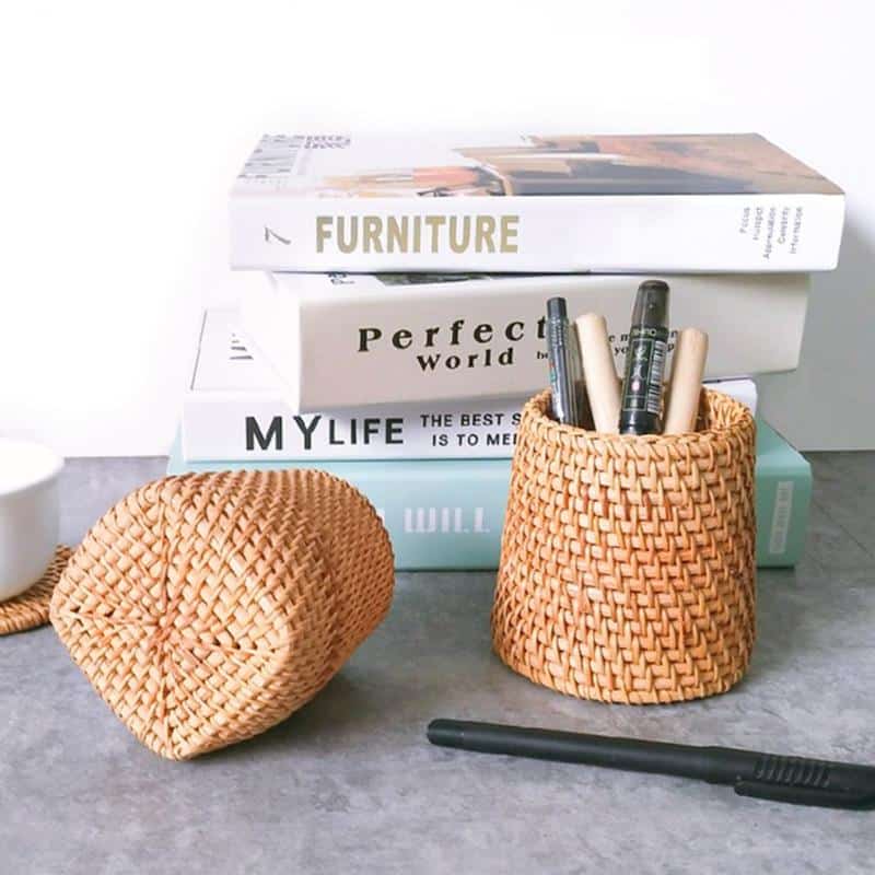 Round tightly woven rattan storage basket – shown in a room setting (4)