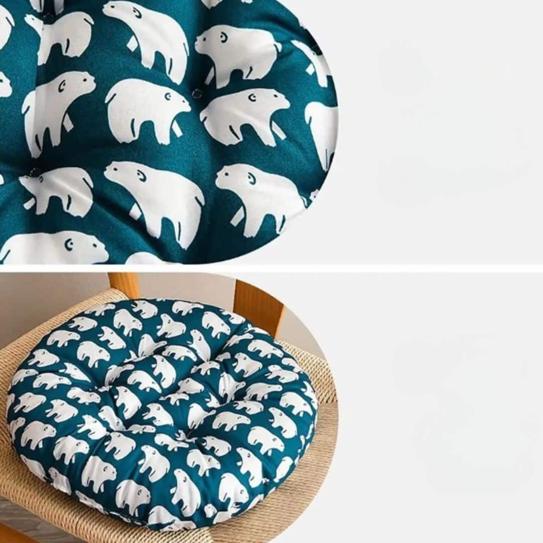 Round chair cushion with polar bear motifs on deep blue – multiple views