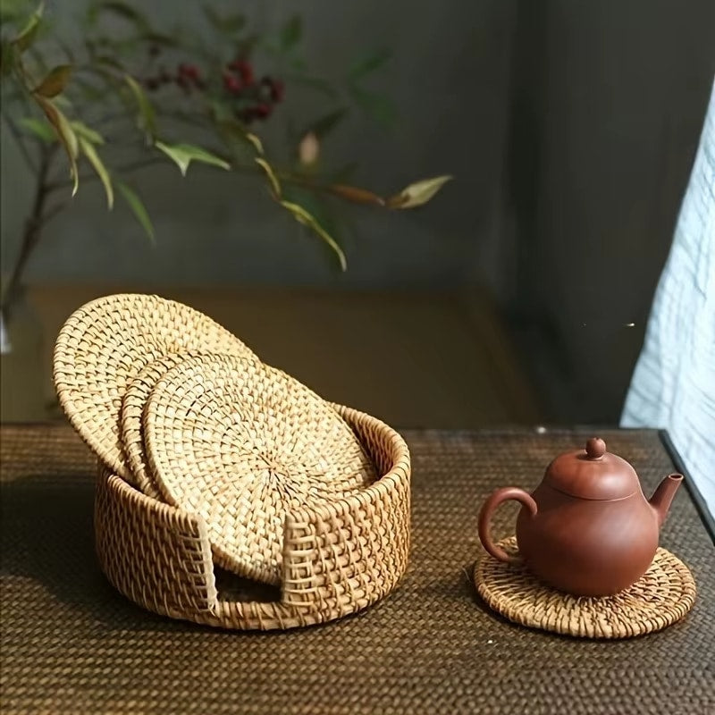 Sturdy round natural rattan coaster – shown in a room setting