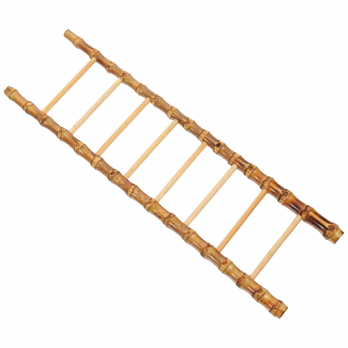 Slim decorative bamboo ladder leaning against a wall
