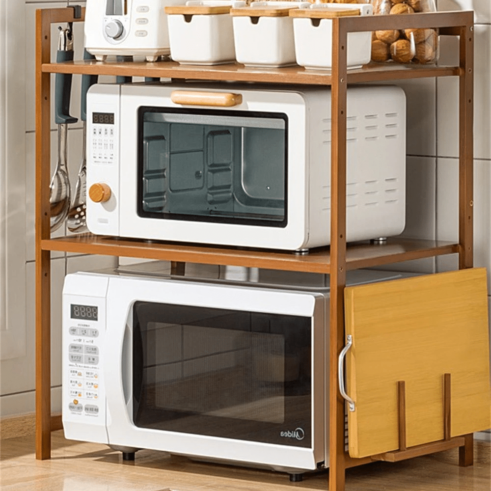 Bamboo microwave shelf with a raised top and compartments below – shown in a room setting (2)