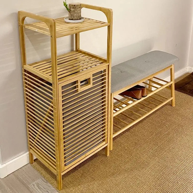 Natural bamboo shelf with an integrated woven basket – shown in a room setting