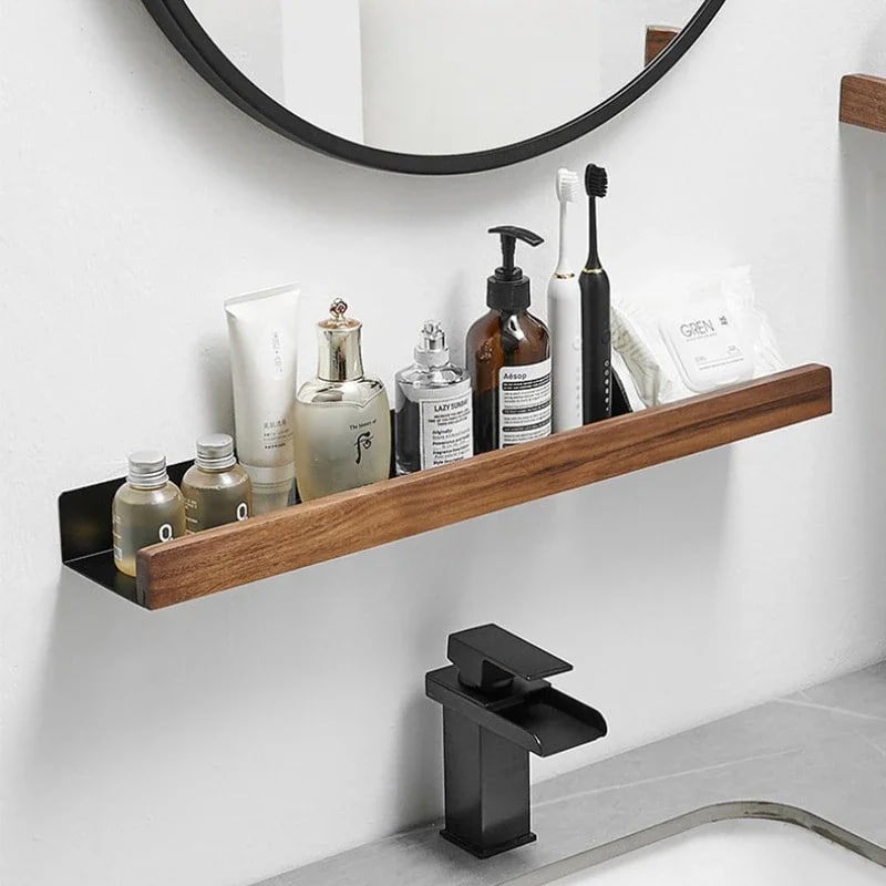 Floating natural wood shelf with a brushed aluminum support – shown in a room setting (2)