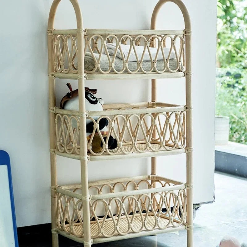 Beige three-tier rattan shelf unit on a wooden frame