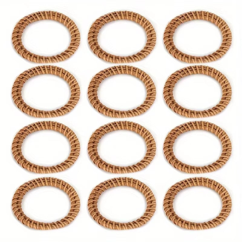 Set of twelve hand-braided rattan napkin rings – multiple views