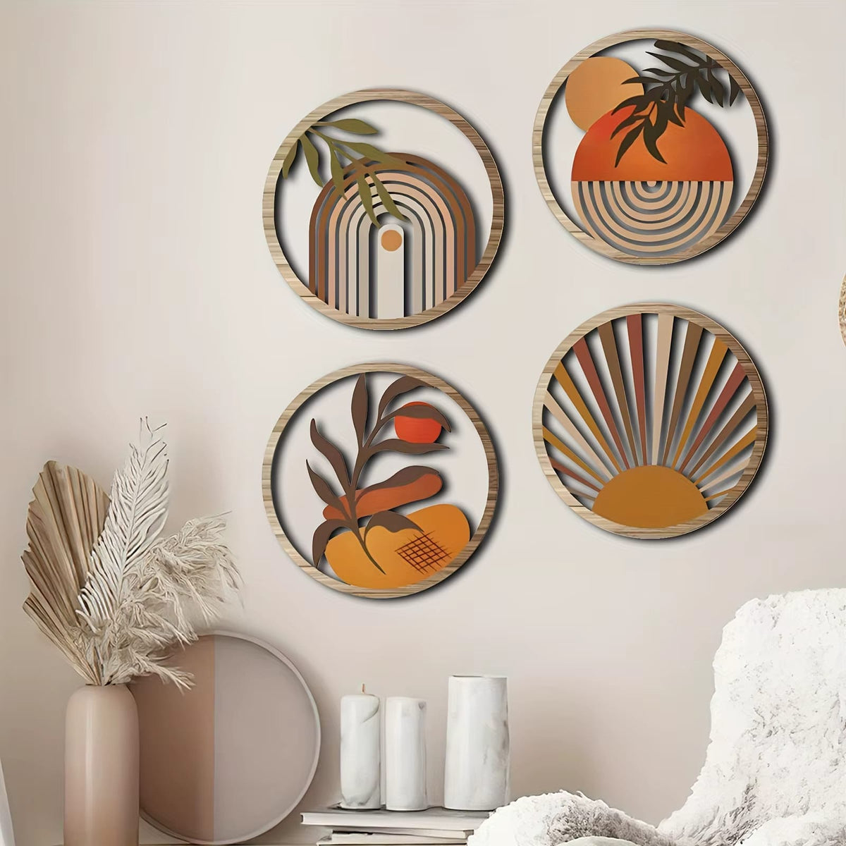 Set of four round wooden disc wall sculptures – shown in a room setting (2)