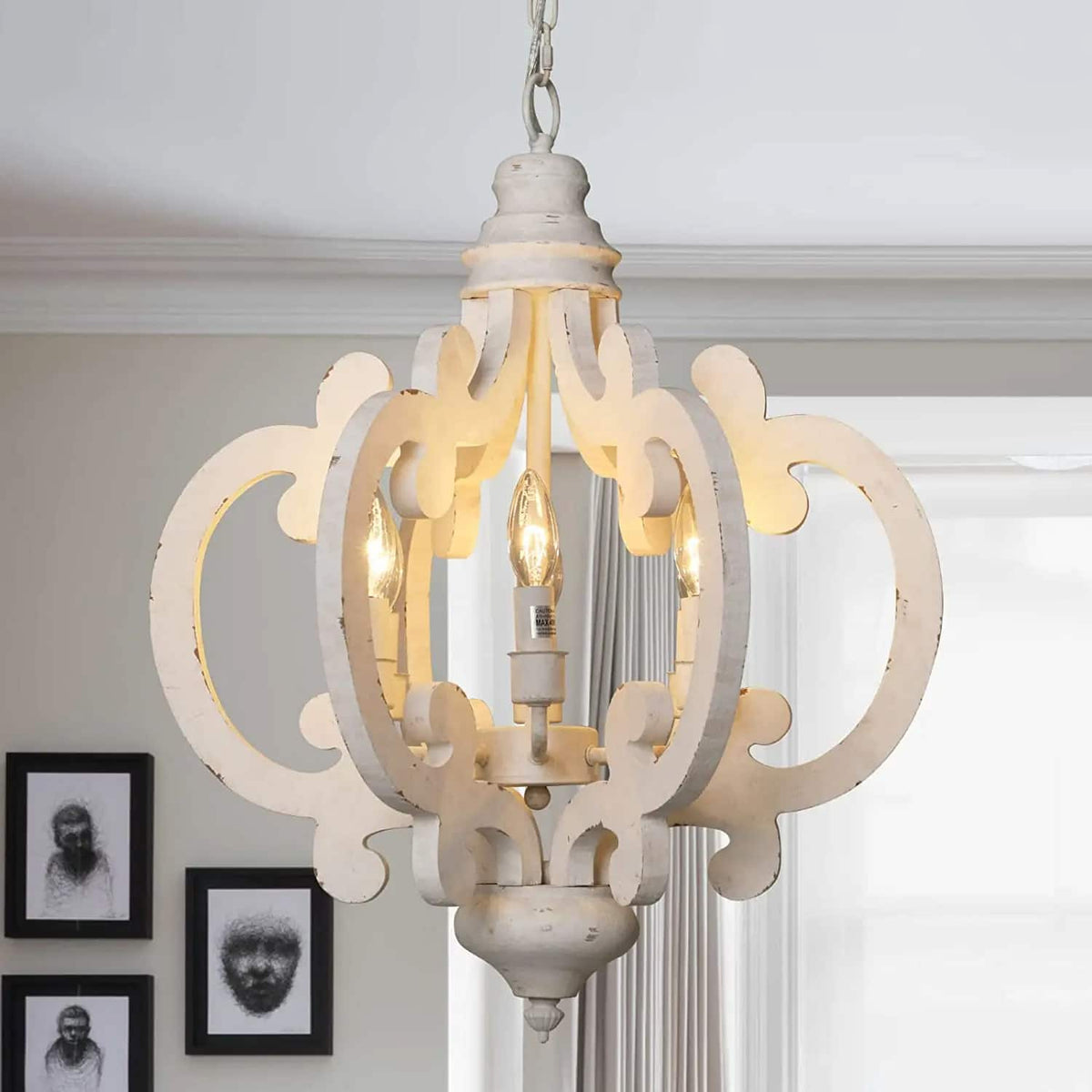Retro handcrafted wood chandelier with visible filament bulbs