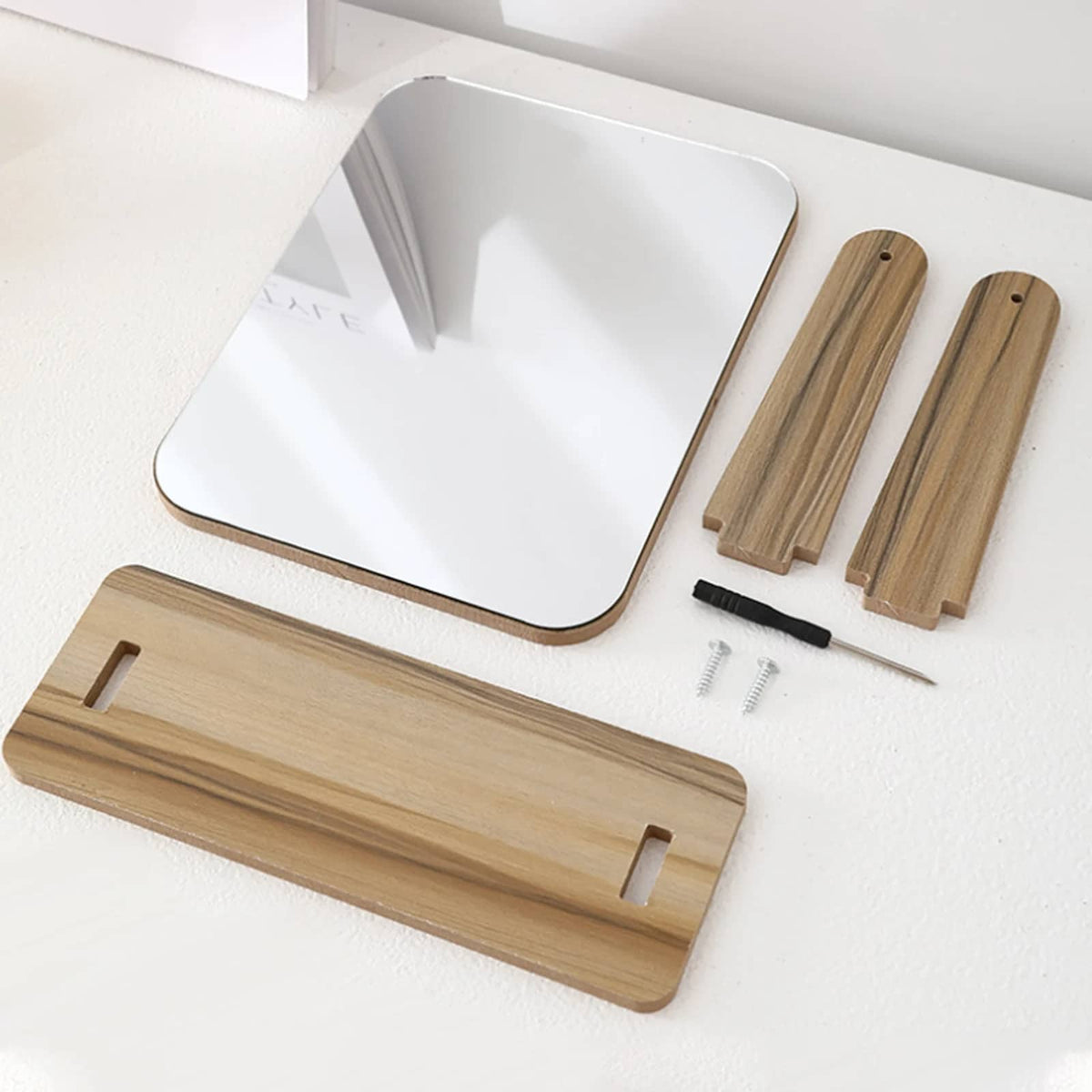 Rectangular swivel bamboo vanity mirror on a stand – multiple views