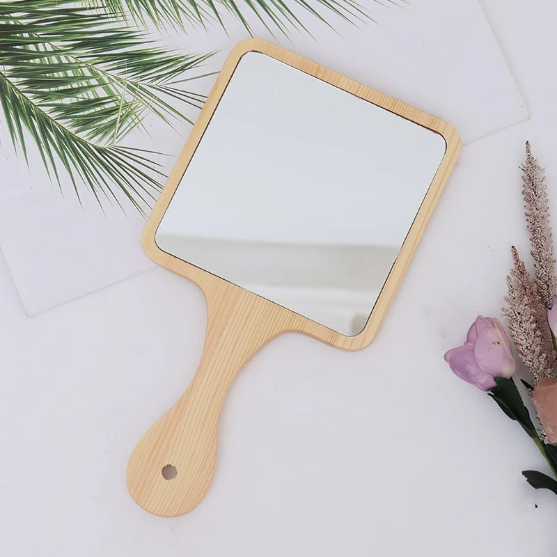 Square wooden hand mirror – another view