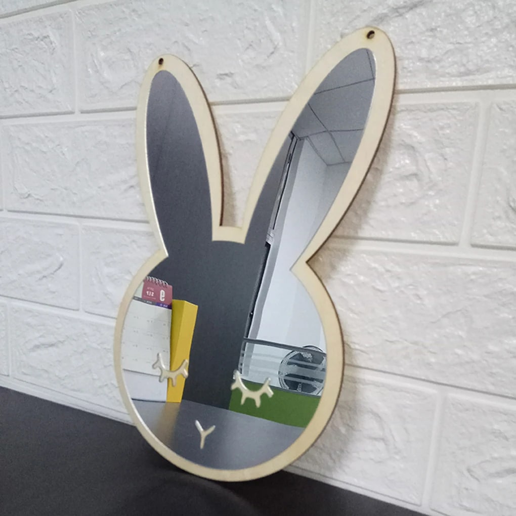 Rabbit-shaped wooden wall mirror with rounded ears – gray version, another view