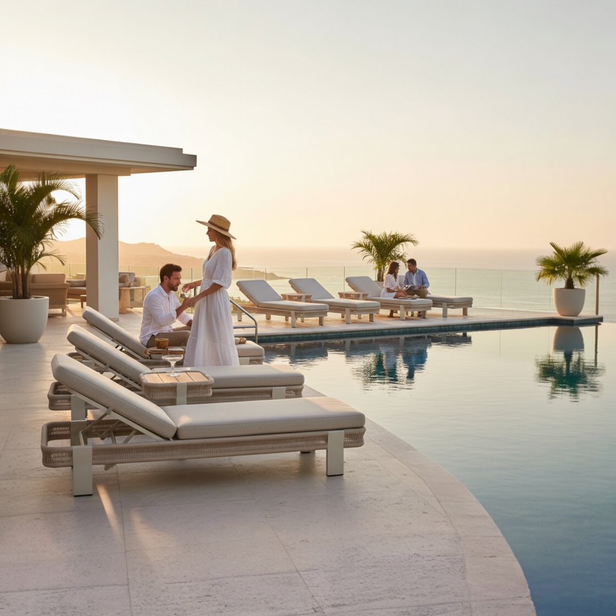 Olby aluminum and beige rope chaise lounge – shown outdoors