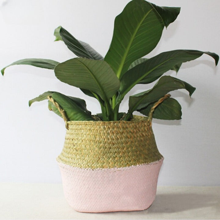 Pink and natural two-tone handmade rattan storage basket