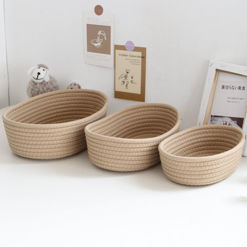 Brown oval cotton rope storage basket – multiple views