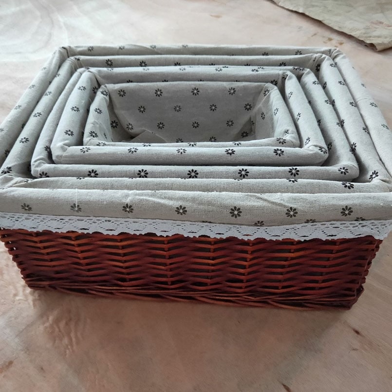 Stackable rectangular rattan storage baskets – multiple views