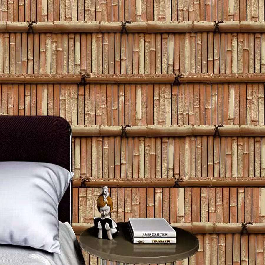 Waterproof vinyl bamboo wallpaper in warm tones – shown in a room setting (2)