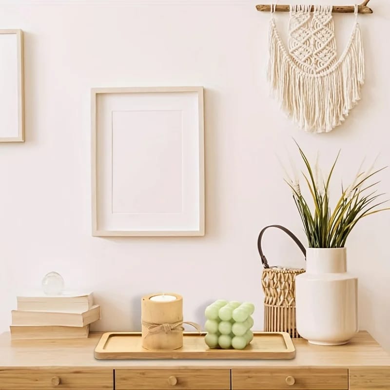 Long rectangular woven bamboo tray with slightly raised edges – shown in a room setting (2)