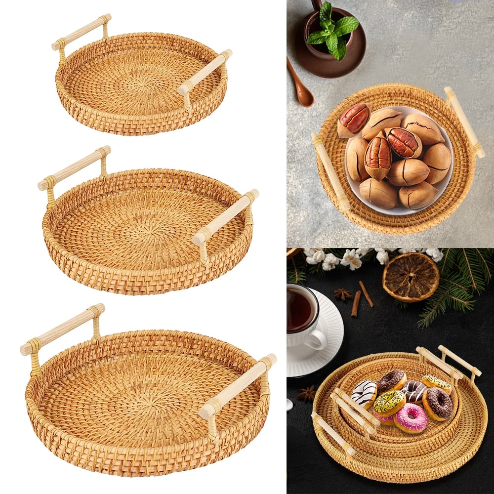 Round hand-braided rattan tray with a curved center handle – multiple views