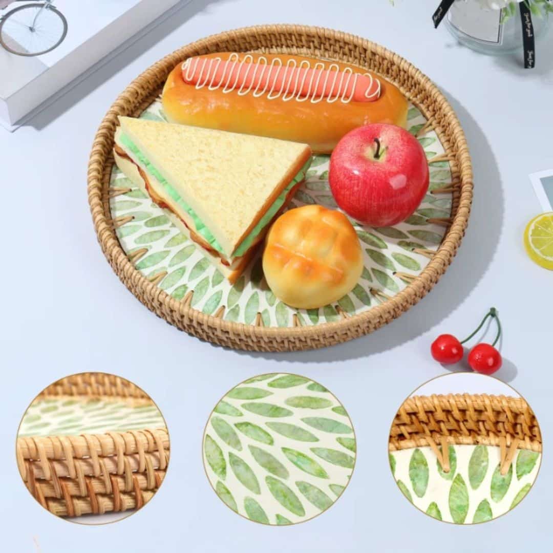 Round rattan tray with a green leaf print base – multiple views
