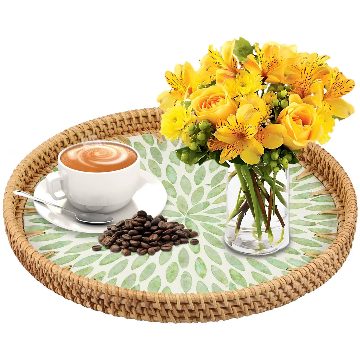 Round rattan tray with a green leaf print base – shown in a room setting