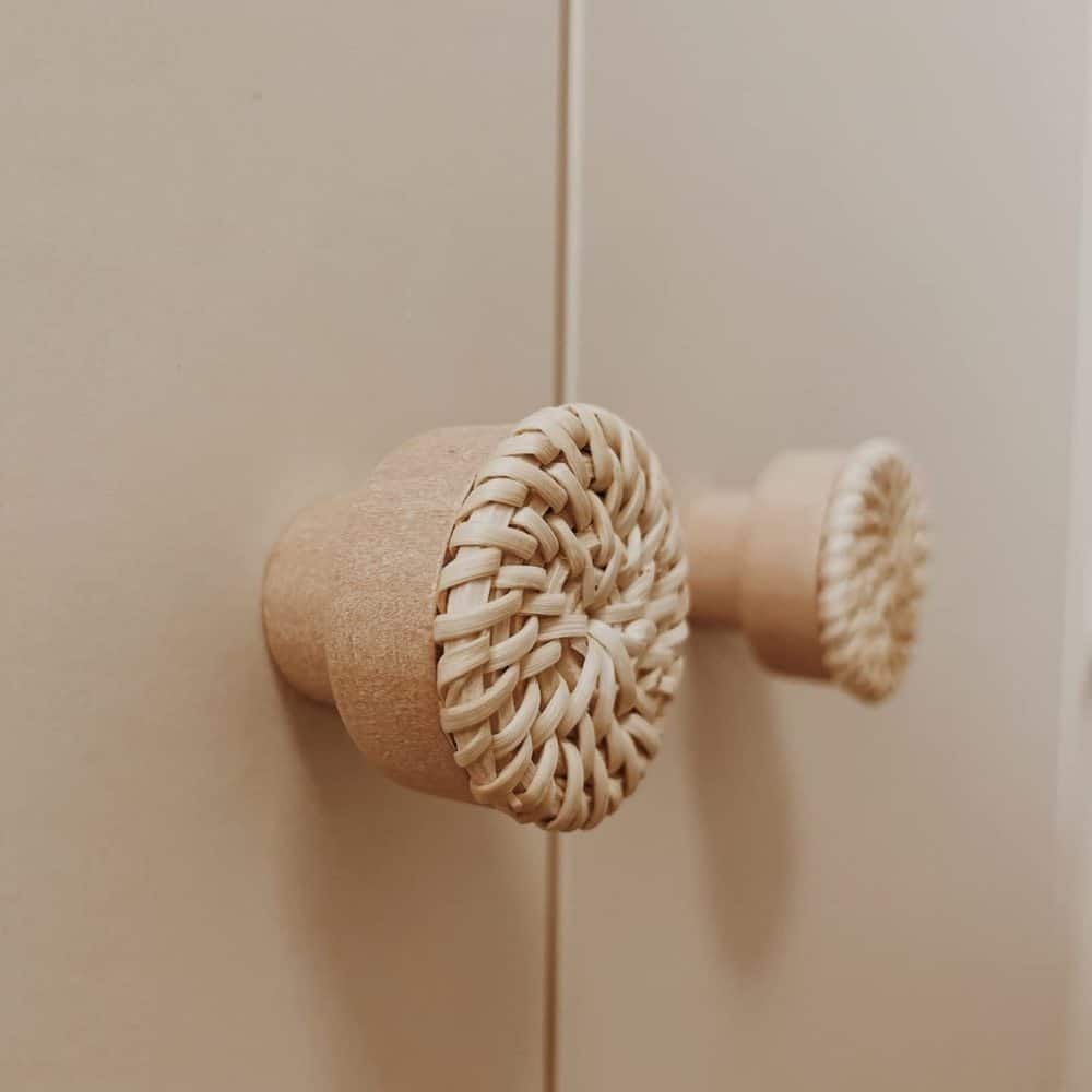 Beech wood and hand-braided rattan furniture pull – close-up detail