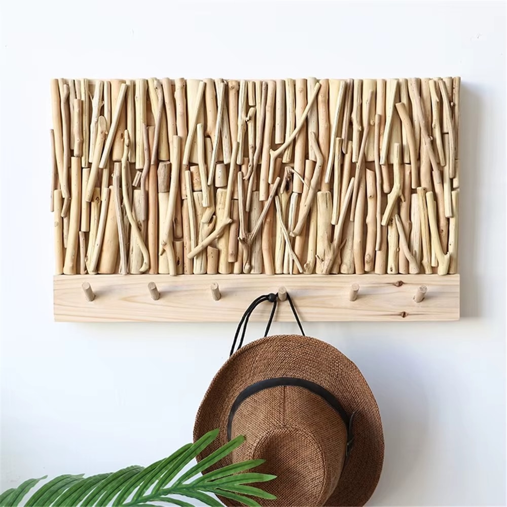 Decorative wooden wall organizer with integrated hooks