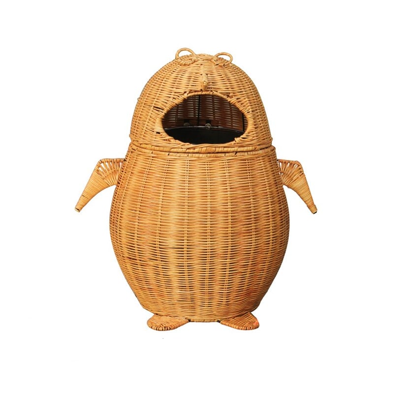 Penguin-shaped rattan and bamboo wastebasket – another view