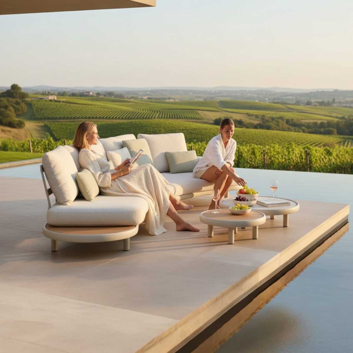 Rosa Mini compact aluminum and teak modular outdoor sofa set – shown outdoors