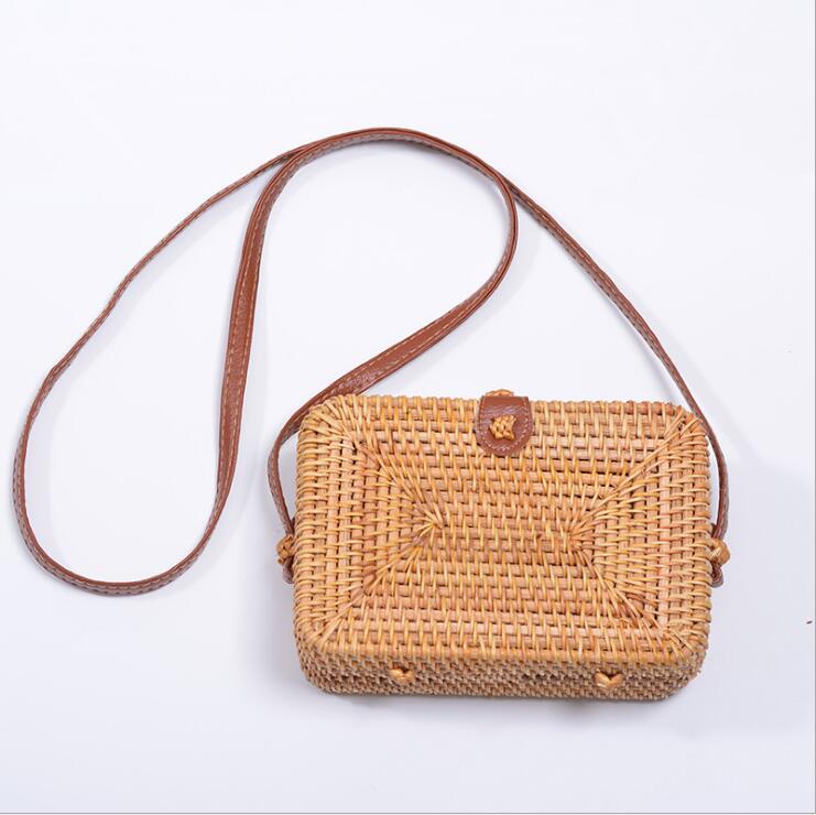 Square boho handwoven rattan handbag – brown variant